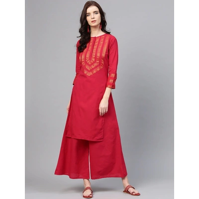 Bhama Couture Women Red & Golden Yoke Design Kurta with Palazzos