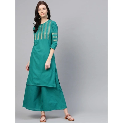 Bhama Couture Women Green Yoke Design Kurta with Palazzos