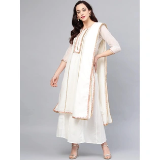 Bhama Couture Women Off-White Solid Kurta with Palazzos & Dupatta