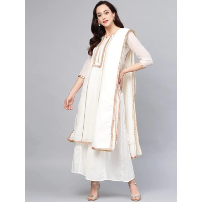 Bhama Couture Women Off-White Solid Kurta with Palazzos & Dupatta