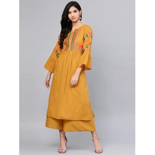 Bhama Couture Women Mustard Yellow Yoke Design Kurta with Palazzos