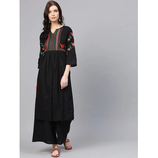 Bhama Couture Women Black & Peach-Coloured Yoke Design Kurta with Palazzos