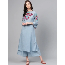 Bhama Couture Women Blue & Pink Yoke Design Kurta with Palazzos