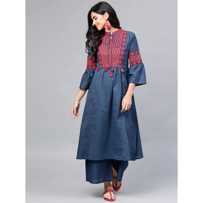 Bhama Couture Women Navy Blue Yoke Design Kurta with Palazzos