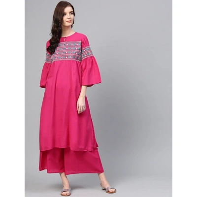 Bhama Couture Women Pink & Teal Yoke Design Kurta with Palazzos