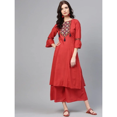 Bhama Couture Women Rust Red Yoke Design Kurta with Palazzos