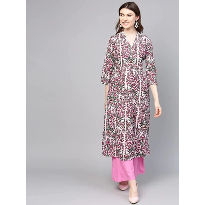 Bhama Couture Women Pink & Green Printed Kurta with Palazzos