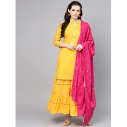 Bhama Couture Women Yellow Solid Kurta with Sharara & Dupatta