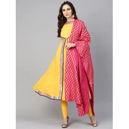 Bhama Couture Women Yellow Solid Kurta with Churidar & Dupatta