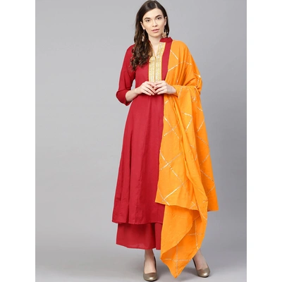 Bhama Couture Women Red & Mustard Yellow Yoke Design Kurta with Palazzos & Dupatta