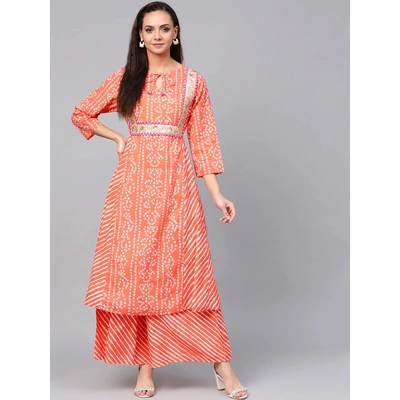 Bhama Couture Women Peach-Coloured & Off-White Bandhani Print Kurta with Palazzos