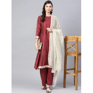 Bhama Couture Women Maroon Gotta Patti Detail Silk Kurta with Palazzos & Dupatta