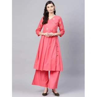 Bhama Couture Women Coral Pink Yoke Design Angrakha Kurta with Palazzos