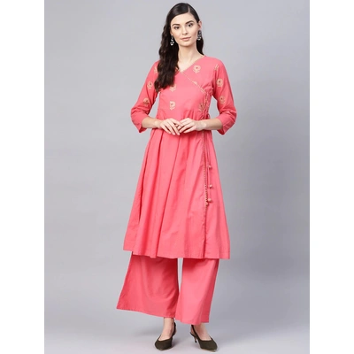 Bhama Couture Women Coral Pink Yoke Design Angrakha Kurta with Palazzos