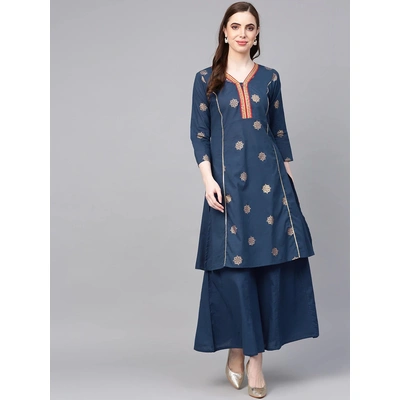 Bhama Couture Women Teal Blue & Golden Printed A-Line Kurta with Palazzos