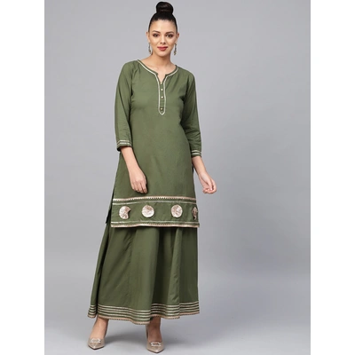 Bhama Couture Women Green Solid Kurta with Skirt