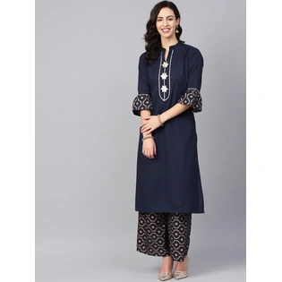 Bhama Couture Women Navy Blue Kurta with Palazzos