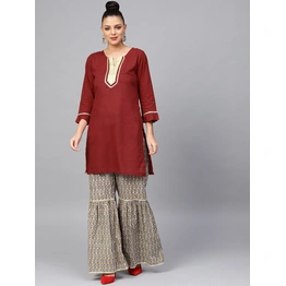 Bhama Couture Women Maroon & Beige Solid Kurta with Sharara