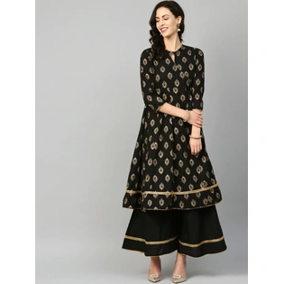 Bhama Couture Women Black & Golden Printed Kurta with Palazzos