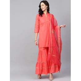 Bhama Couture Women Peach-Coloured Solid Kurta with Sharara & Dupatta