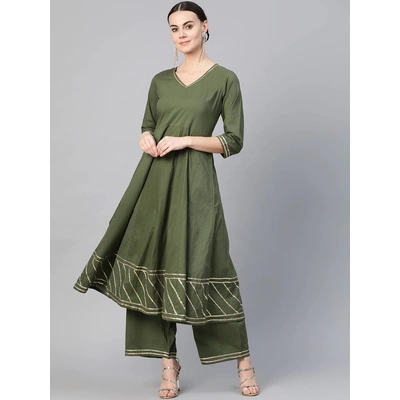 Bhama Couture Women Olive Green Gotta Patti Detail Kurta with Palazzos