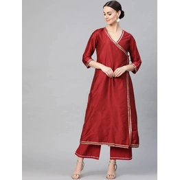 Bhama Couture Women Maroon Solid Angrakha Kurta with Palazzos