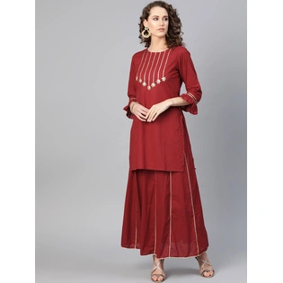 Bhama Couture Women Maroon & Golden Gotta Patti Detail Kurta with Skirt