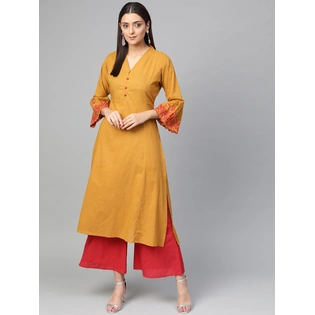 Bhama Couture Women Mustard Yellow & Red Solid Kurta with Palazzos