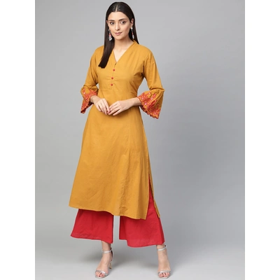 Bhama Couture Women Mustard Yellow & Red Solid Kurta with Palazzos