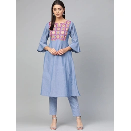 Bhama Couture Women Blue Yoke Design Chambray Kurta with Trousers