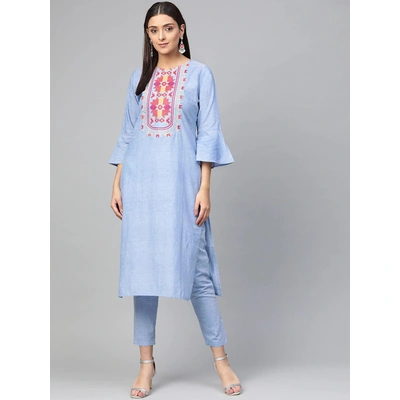 Bhama Couture Women Blue Yoke Design Kurta with Trousers