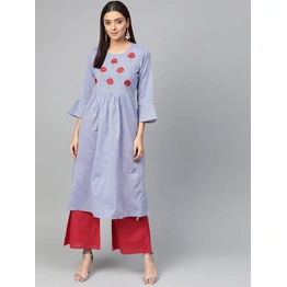 Bhama Couture Women Blue & Red Yoke Design Chambray Kurta with Palazzos