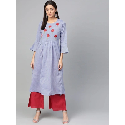 Bhama Couture Women Blue & Red Yoke Design Chambray Kurta with Palazzos