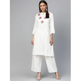 Bhama Couture Women White & Pink Yoke Design Kurta with Palazzos