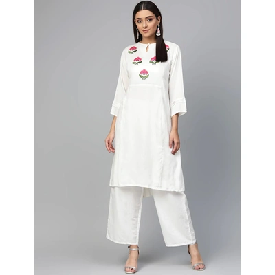 Bhama Couture Women White & Pink Yoke Design Kurta with Palazzos