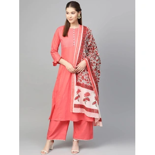 Bhama Couture Women Peach-Coloured & White Solid Kurta with Palazzos & Dupatta