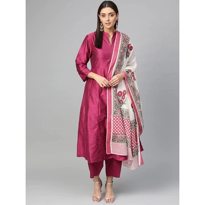 Bhama Couture Women Burgundy & Off-White Solid Silk Kurta with Palazzos & Dupatta