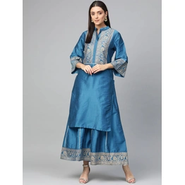 Bhama Couture Women Blue & Golden Yoke Design Silk Kurta with Palazzos