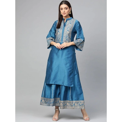 Bhama Couture Women Blue & Golden Yoke Design Silk Kurta with Palazzos