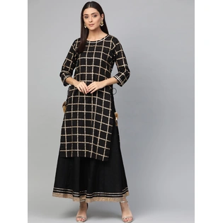 Bhama Couture Women Black & Golden Foil Checked Kurta with Skirt