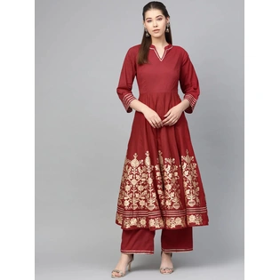 Bhama Couture Women Maroon & Golden Printed Anarkali Kurta with Palazzos