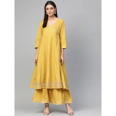 Bhama Couture Women Mustard Yellow Solid Gotta Patti Work Angrakha Kurta with Skirt