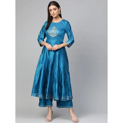 Bhama Couture Women Blue Yoke Design Silk Kurta with Palazzos