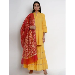 Bhama Couture Women Yellow & Pink Solid Kurta with Sharara & Dupatta