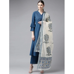 Bhama Couture Women Blue Yoke Design Kurta with Palazzos & Dupatta