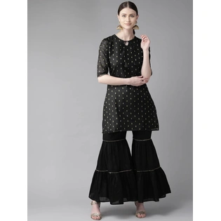 Bhama Couture Women Black & Golden Woven Design Kurta with Sharara