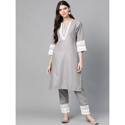 Bhama Couture Women Grey Solid Kurta & Trousers With Lace Insert Detail