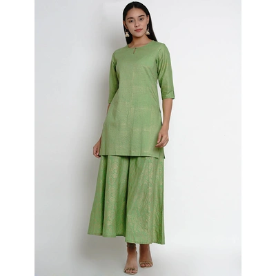 Bhama Couture Women Green & Gold Striped Kurti with Palazzos