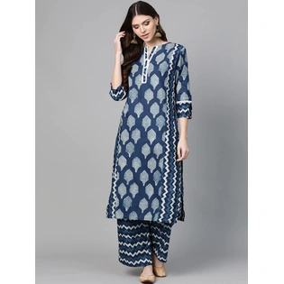 Bhama Couture Women Blue & Off-White Printed Kurta with Palazzos