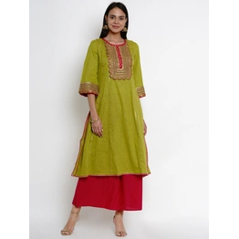 Bhama Couture Women Green & Pink Yoke Design Kurta with Palazzos